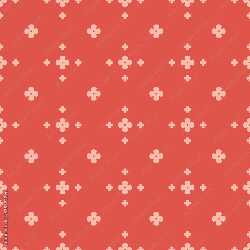 Simple floral texture. Vintage geometric seamless pattern with small flower silhouettes. Vector abstract minimalist background. Red and pink color. Repeatable design for decoration, wallpaper, textile