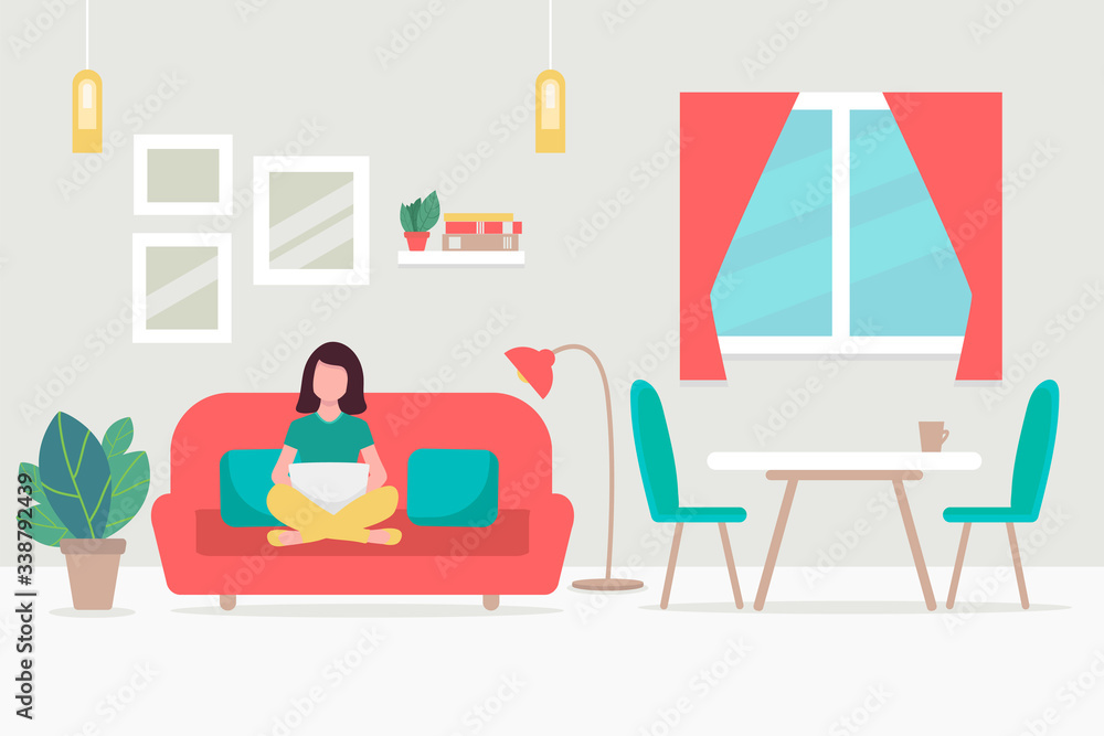 Home interior. girl, a young woman sitting with a laptop on the couch. Interior design of a living room for web site, print, poster, presentation, infographic. Flat design illustration.
