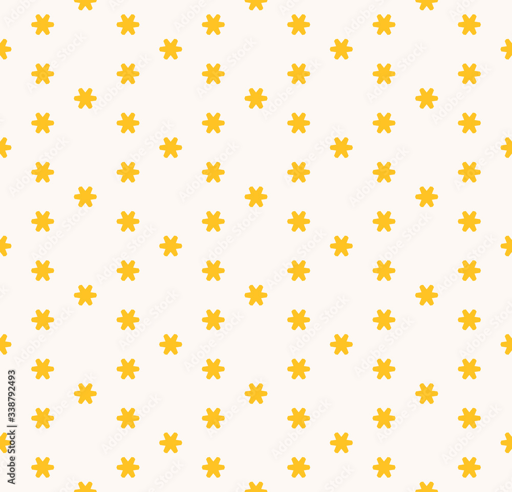 Vector minimalist floral seamless pattern. Simple abstract texture with small geometric flowers, snowflakes, stars. Cute colorful yellow and white background. Repeat design for decor, cloth, prints Vector minimalist floral seamless pattern. Simple abstract texture with small geometric flowers, snowflakes, stars. Cute colorful yellow and white background. Repeat design for decor, cloth, prints