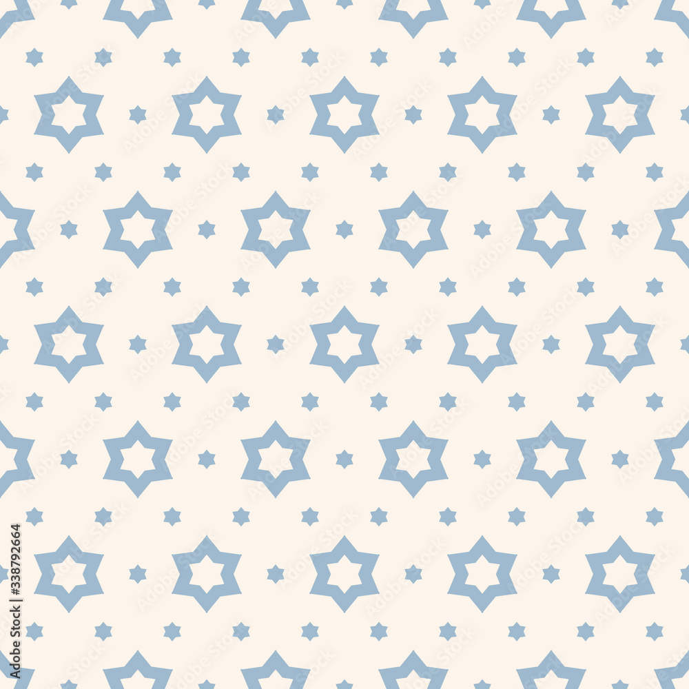 Cute vector ornamental seamless pattern. Simple geometric texture with small stars, floral shapes. Abstract background in soft pastel colors, light blue and white. Repeatable design for decor, fabric