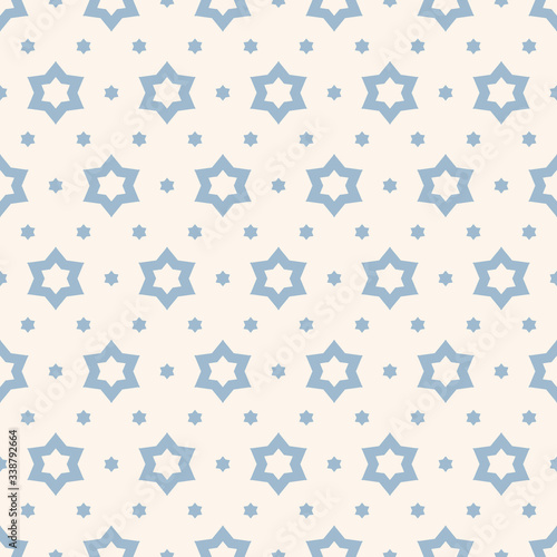 Cute vector ornamental seamless pattern. Simple geometric texture with small stars, floral shapes. Abstract background in soft pastel colors, light blue and white. Repeatable design for decor, fabric