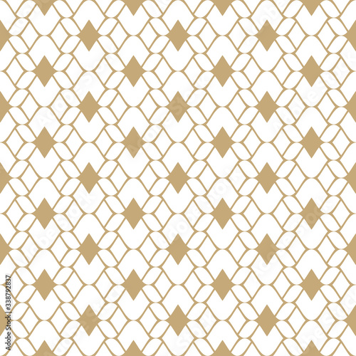 Golden mesh seamless pattern. Subtle vector abstract geometric ornament texture with thin curved lines, delicate mesh, net, grid, lattice, lace. Gold and white luxury background. Repeatable design