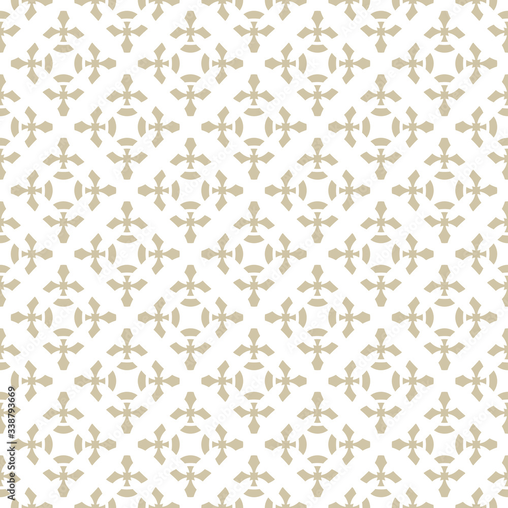 Vector golden abstract geometric floral texture in Asian style. Seamless pattern with small flower silhouettes, carved shapes, crosses. Elegant white and gold ornamental background. Repeatable design