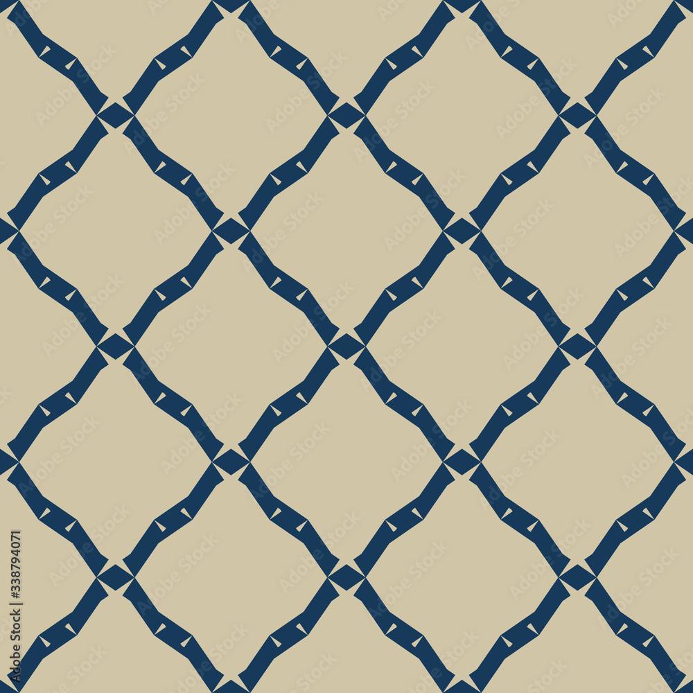 Naklejka premium Golden grid texture. Vector abstract geometric seamless pattern with square mesh, net, lattice, diagonal lines. Elegant gold and blue background. Simple graphic ornament. Luxury repeatable design