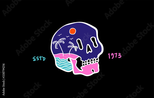 Vector illustration of skull head on tropical palm beach paradise island