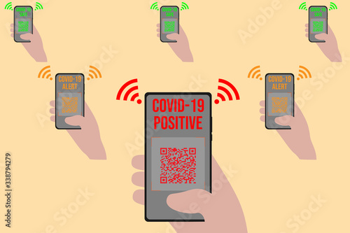 Hands holding a smartphone with Covid-19 contact tracing system transmitting data with red, orange and green messages