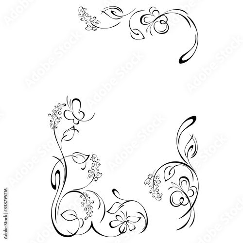 frame 32. decorative frame with stylized flowers on stems with leaves, butterflies and vignettes in black lines on a white background
