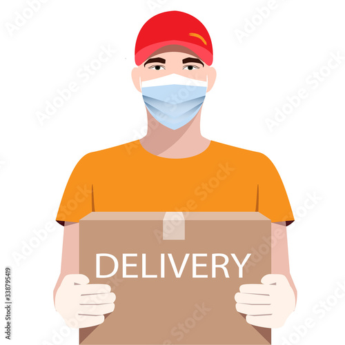 Online Delivery Service concept. Courier, delivery man in respiratory mask. Vector illustration. Illustration in flat style. Online order tracking, delivery home and office.