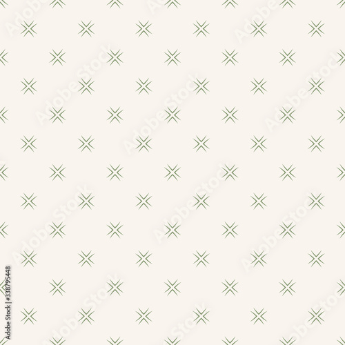 Vector floral minimalist seamless pattern. Simple abstract geometric background with small flowers, Ñrosses. Subtle minimal repeated ornament texture in green and beige color. Organic natural design
