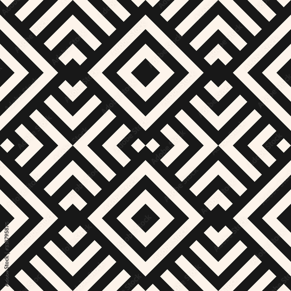 Simple linear geometric seamless pattern. Abstract monochrome geo texture with squares, rhombuses, diagonal lines, repeat tiles. Stylish minimal black and white background. Modern creative design Simple linear geometric seamless pattern. Abstract monochrome geo texture with squares, rhombuses, diagonal lines, repeat tiles. Stylish minimal black and white background. Modern creative design