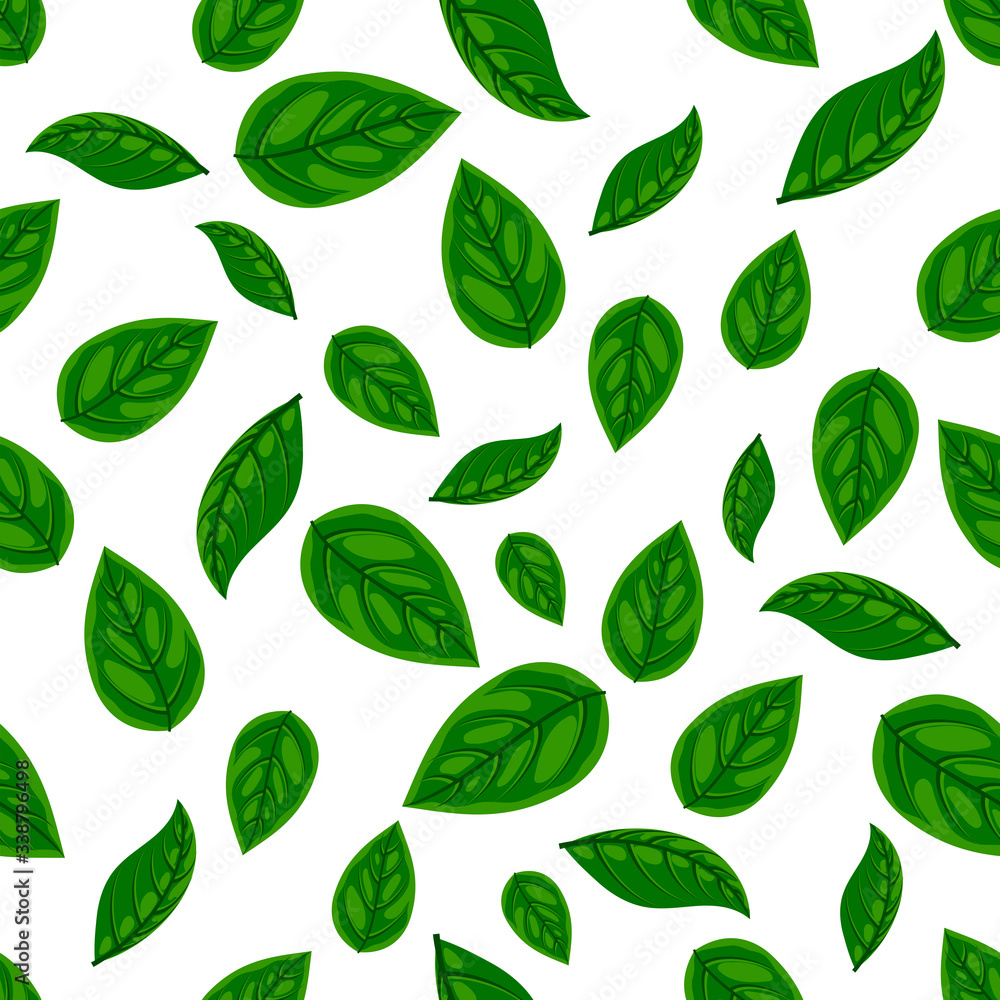 Flat natural food seamless pattern. Fresh green leaf isolated on white background texture for print, paper, kitchen design, fabric, cafe decor, wrap, backgrounds, menu, ads. Vector illustration Flat natural food seamless pattern. Fresh green leaf isolated on white background texture for print, paper, kitchen design, fabric, cafe decor, wrap, backgrounds, menu, ads. Vector illustration