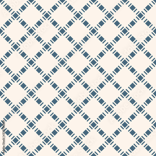 Vector seamless pattern with squares, diamond grid, net, lattice, mesh. Abstract geometric texture. Dark blue and white color. Simple minimal ornament. Stylish checkered background. Repeated design