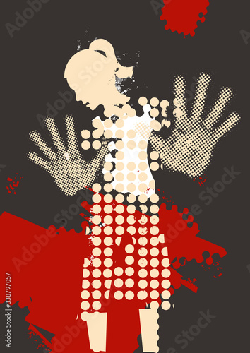 
Desperate Young woman, fear of violence.
 Grunge stylized woman silhuette with arms in defensive position.Illustration on grunge background. Vector available.