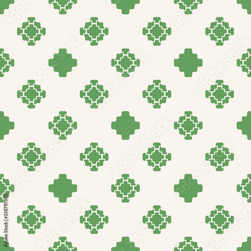 Vector geometric texture with small flower shapes, squares, crosses. Abstract minimal seamless pattern. Simple background in green and white. Elegant ornament. Repeat design for decor, fabric, print