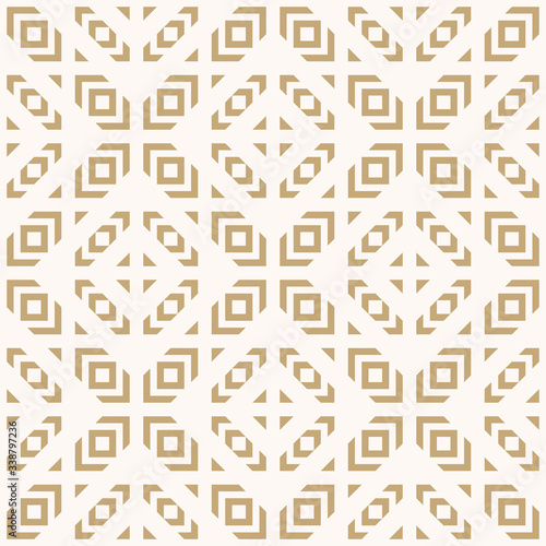 Golden vector geometric seamless pattern. Tribal ethnic motif. Abstract gold texture with squares, triangles, grid, net. Folk style ornament. Modern background. Repeat geo design for decor, print