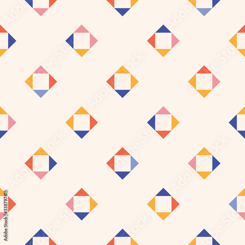 Vector geometric seamless pattern. Simple abstract ornament with small diamond shapes, squares, triangles. Stylish ornament with colorful particles on white background. Minimalist repeated texture