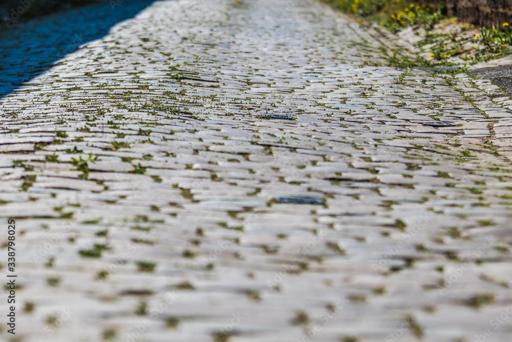 closeup of an alley with cobblestones. grass grows between the cobblestones. closeup of an alley with cobblestones. grass grows between the cobblestones.
