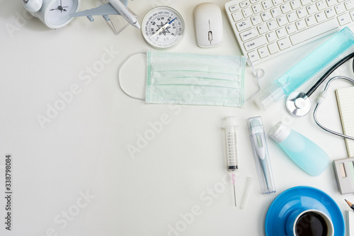 Top view of Business objects with Medical equipment and Covid-19 virus prevention equipment.