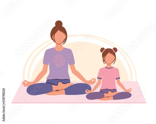 Mother and daughter meditating and sitting in lotus together. Yoga with mom. Concept illustration for yoga, meditation, relax and healthy lifestyle. Vector illustration in flat cartoon style.