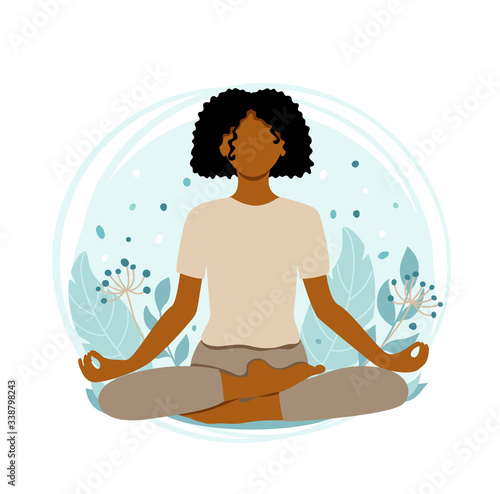 Young african american woman meditating sitting in lotus on the natural background. Concept illustration for yoga, meditation, relax and healthy lifestyle. Vector illustration in flat cartoon style.