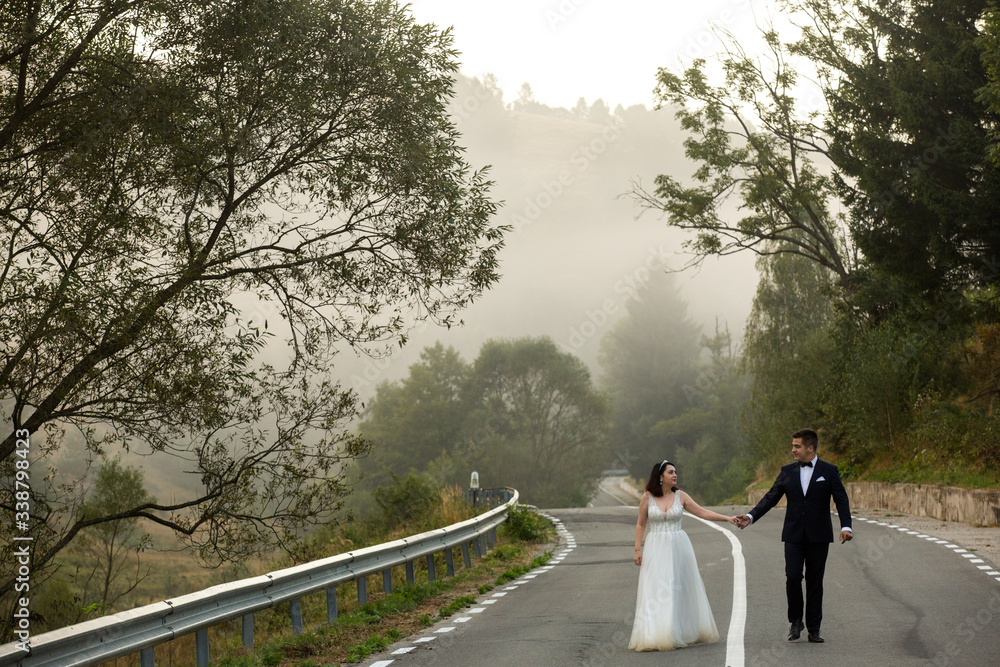 Obraz premium Beautiful wedding couple walking on road near forest