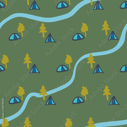 Camping seamless vector pattern in green and blue. Trees, tents, and river surface print design. For fabrics, stationery and packaging.