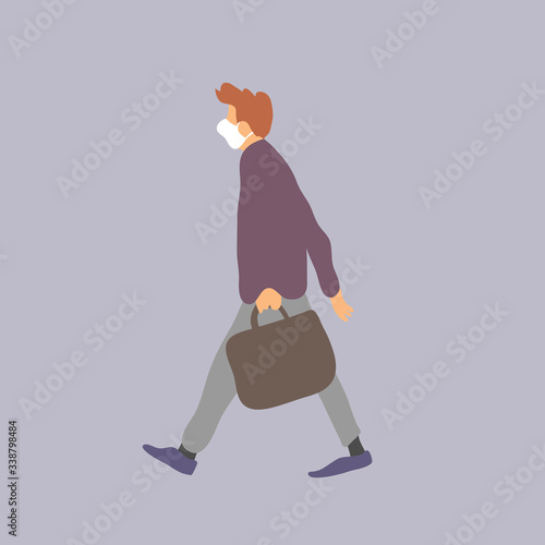 Man walking in antivirus mask. Flat vector illustration.