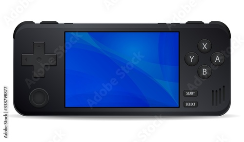 Game console portable handheld black icon isolated on background. Multimedia or Computer Video Games portable hand held retro game console.
