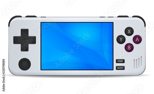 Retro Game console portable handheld white icon isolated on background. Multimedia or Computer Video Games portable hand held retro game console.