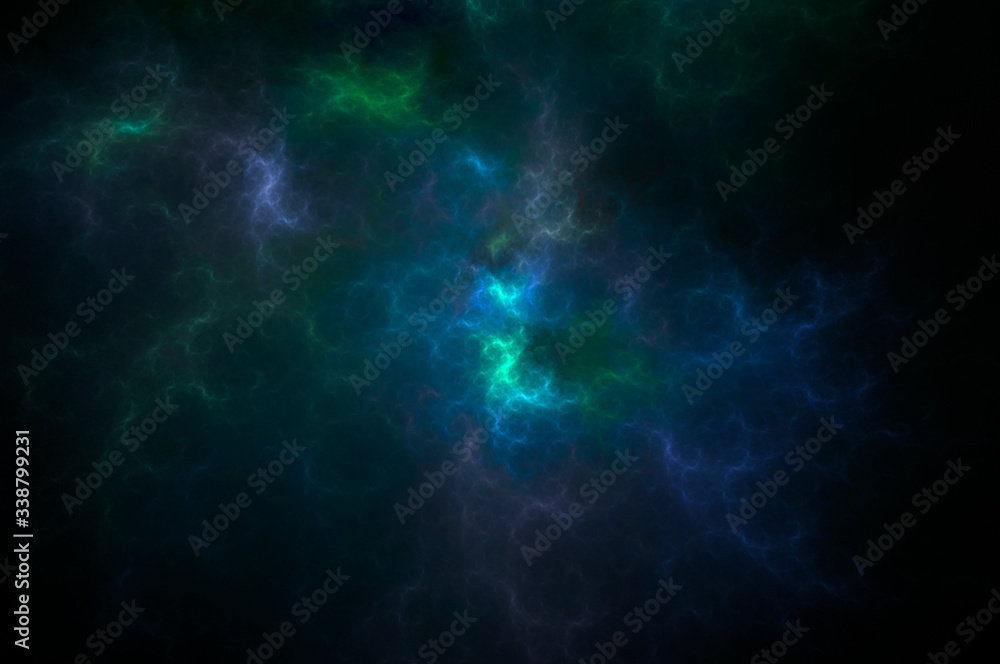 Abstract background of neon blue and green lightnings. Fractal pattern for creativity and design.