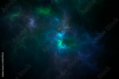 Abstract background of neon blue and green lightnings. Fractal pattern for creativity and design.