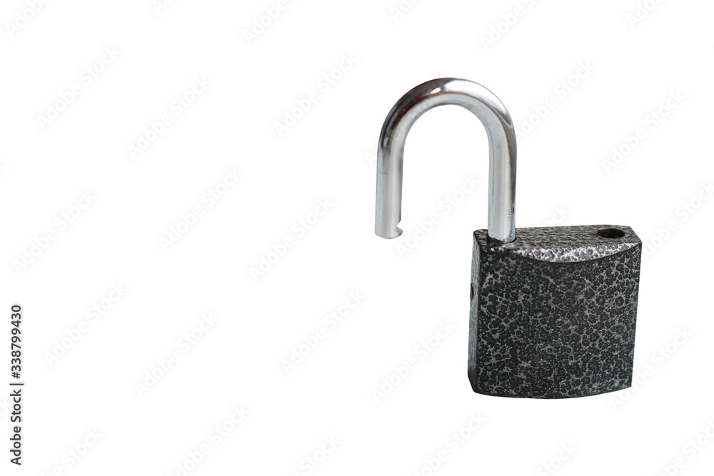 Open iron padlock. Burglar resistant. Isolated. Close-up. Open iron padlock. Burglar resistant. Isolated. Close-up.