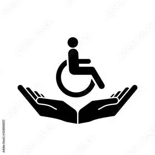 Disability patient in the wheelchair with helper hands. Handicapped person. Disabled Icon vector.