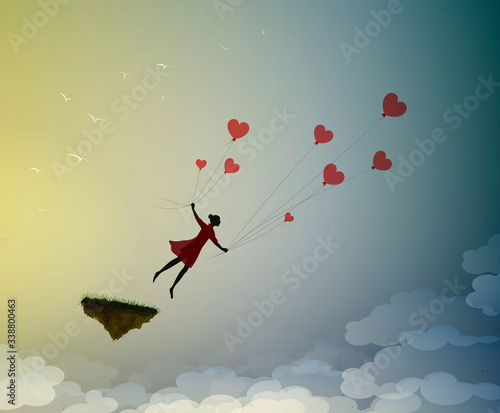 fall in love concept, boy silhouette holds the red heart shaped balloons and flying away, dreamer concept, shadow story