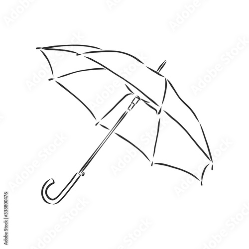 Umbrella coloring, linear drawing, outline, vector sketch, icon, monochrome, contour illustration. Black and white open umbrella