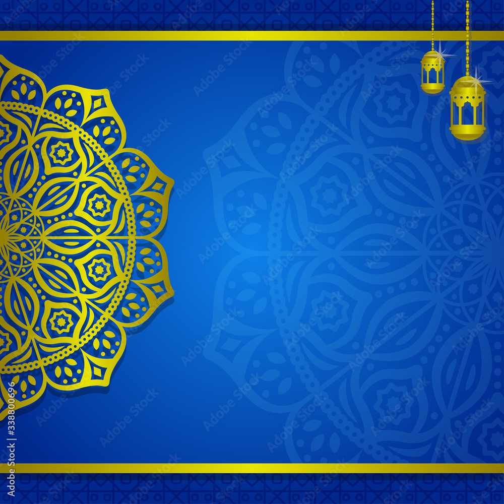 Blue islamic background with lantern and mandala decoration