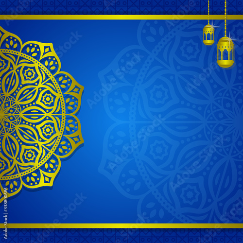 Blue islamic background with lantern and mandala decoration suitable for ramadan card 