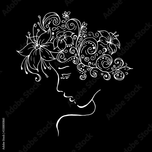 profile of a girl with flowers in her hair. a wreath of lilies and daisies on the head. vector line art drawing with a contour. isolated on a black. elegant logo for beauty salon. Spa. barbershop.