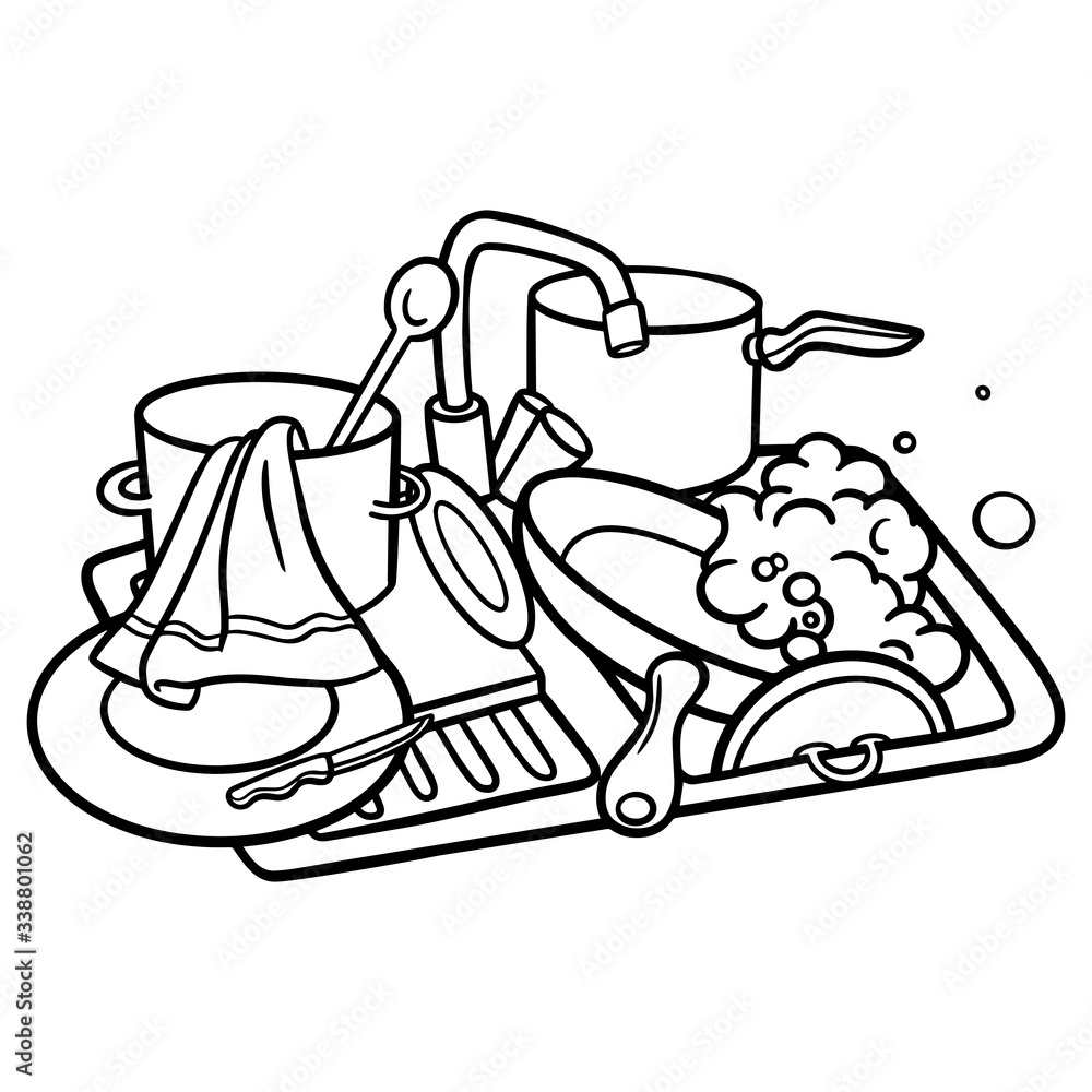 monochrome comic drawing of a sink with dirty dishes. coloring page