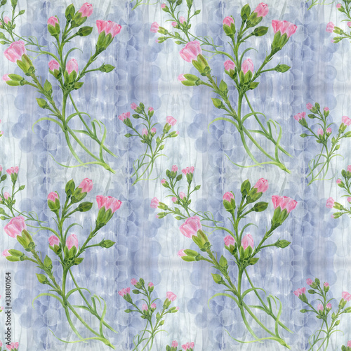 Carnation flowers on the background of watercolor. Seamless background. Branches with buds and leaves. Watercolor. Use printed materials, signs, objects, sites, maps, posters, postcards, packaging.