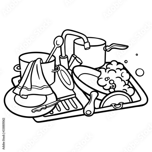 monochrome comic drawing of a sink with dirty dishes. coloring page.