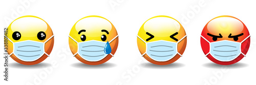 Realistic Round Face with Medical Mask cartoon bubble emoticons wow sad laugh angry for social media chat comment reactions, icon template emoji character Whatsapp Facebook Instagram message. Stayhome