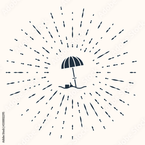 Grey Sun protective umbrella for beach icon isolated on beige background. Large parasol for outdoor space. Beach umbrella. Abstract circle random dots. Vector Illustration