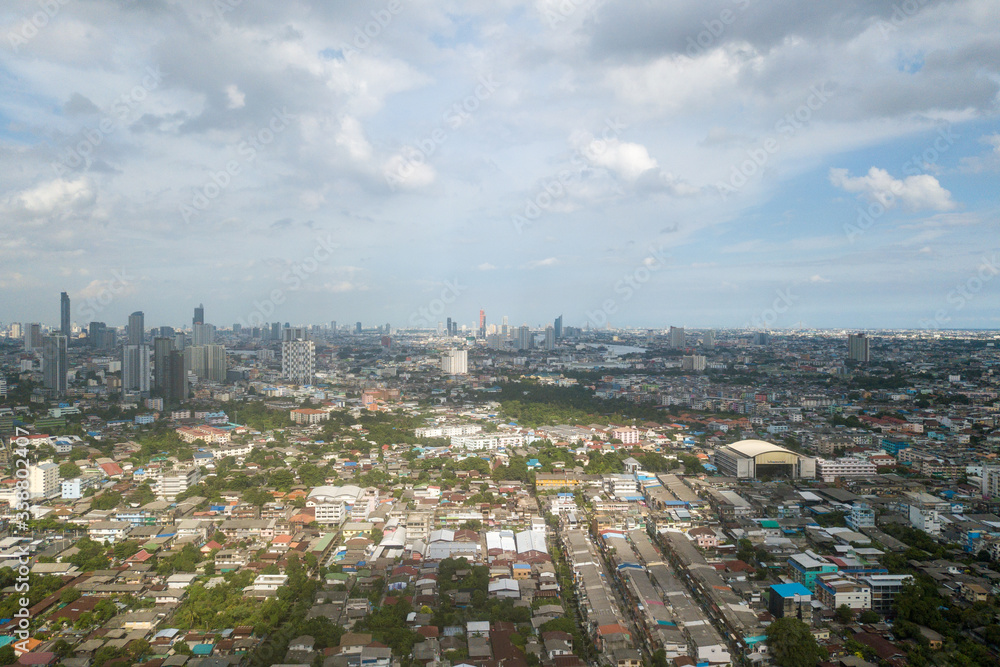 Fototapeta premium aerial mega Bangkok city in the sunset time
