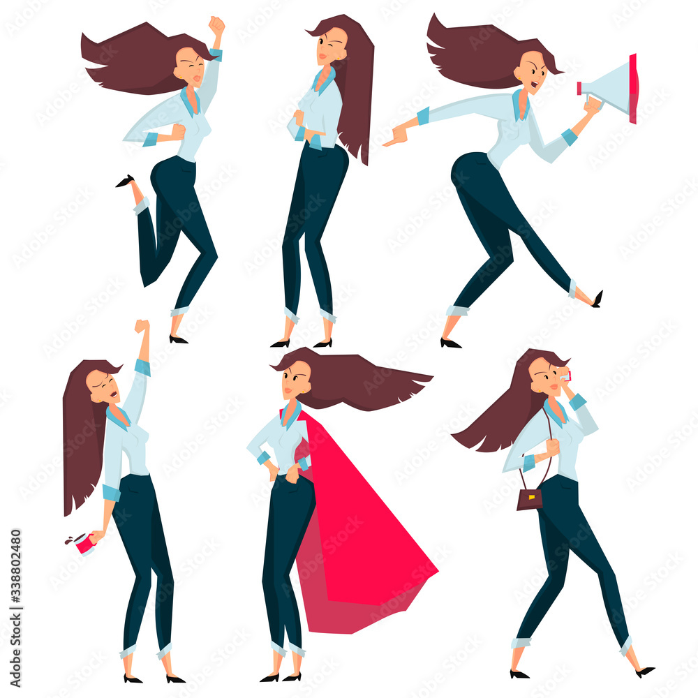 Set of poses standing businesswoman with different emotions and expressions.
