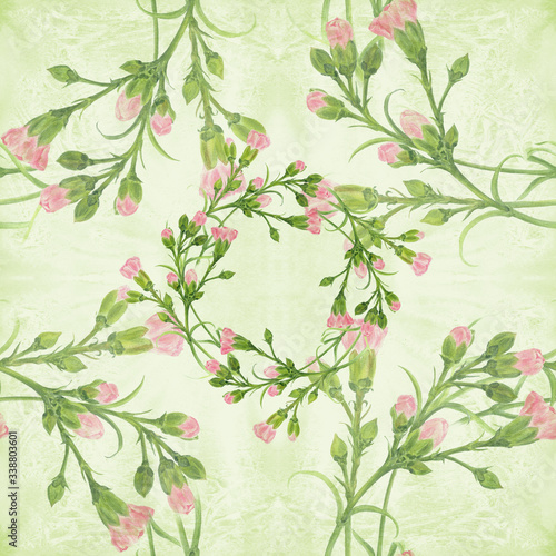 Carnation flowers on the background of watercolor. Seamless background. Branches with buds and leaves. Watercolor. Use printed materials, signs, objects, sites, maps, posters, postcards, packaging.