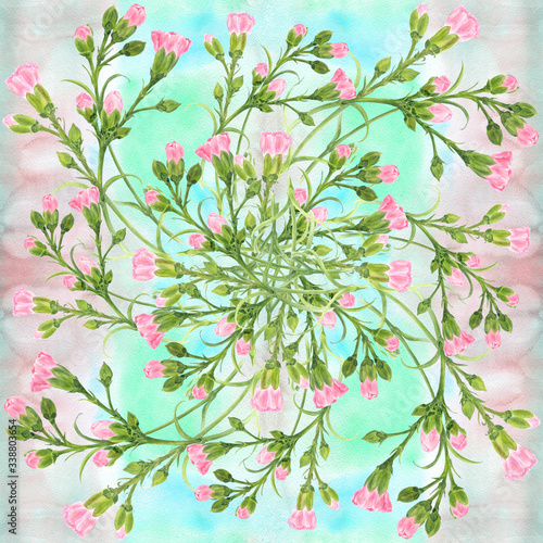Carnation flowers on the background of watercolor. Seamless background. Branches with buds and leaves. Watercolor. Use printed materials, signs, objects, sites, maps, posters, postcards, packaging.