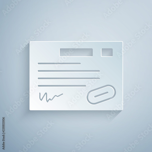 Paper cut Warranty certificate template icon isolated on grey background. Paper art style. Vector Illustration