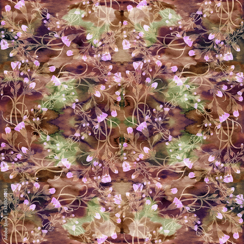 Carnation flowers on the background of watercolor. Seamless background. Branches with buds and leaves. Use printed materials, signs, objects, sites, maps, posters, postcards, packaging.