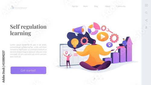 Office work stress relief exercise. Woman sitting in lotus yoga pose. Self-management, self regulation learning, self-organization course concept. Website homepage header landing web page template.